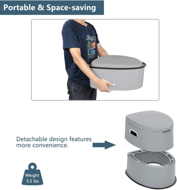 Portable Toilet | Indoor Outdoor Commode w/Detachable Inner Bucket & Removable Paper Holder, Lightweight & Compact for Camping, Boat, Van, Emergency Use (Grey)
