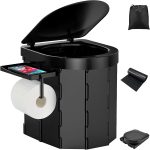 Portable Camping Toilet, Foldable Toilet for Adults with Detachable Phone Shelf and Toilet Paper Holder, Waterproof Porta Potty with Lid for Camping, Hiking, RV Travel, Road Trips