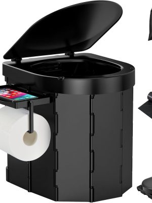 Portable Camping Toilet, Foldable Toilet for Adults with Detachable Phone Shelf and Toilet Paper Holder, Waterproof Porta Potty with Lid for Camping, Hiking, RV Travel, Road Trips
