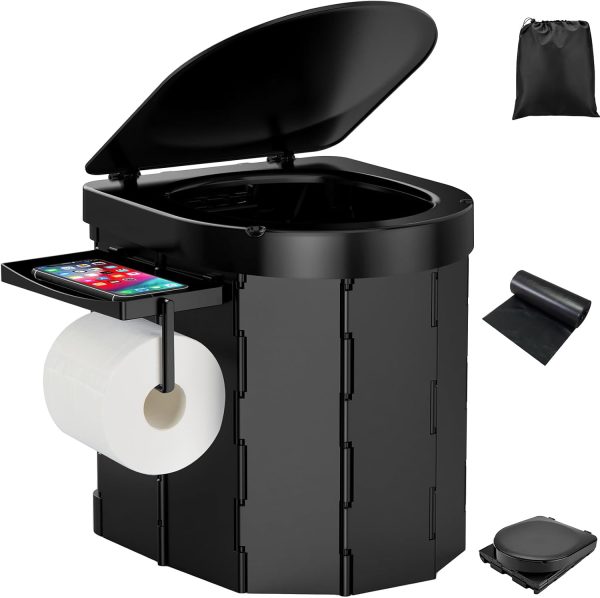 Portable Camping Toilet, Foldable Toilet for Adults with Detachable Phone Shelf and Toilet Paper Holder, Waterproof Porta Potty with Lid for Camping, Hiking, RV Travel, Road Trips