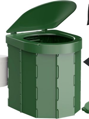 Portable Camping Toilet, Folding Toilet for Adults with Lid and Retractable Toilet Paper Holder, Waterproof Porta Potty with Carry Bag and Disposible Liners for Hiking, RV Travel, Road Trips, Green