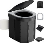 Portable Camping Toilet with  Cushion, Folding Porta Potty for Adults with Lid and Toilet Paper Holder, Waterproof Camping Toilet with Lid for Camping, Hiking, RV Travel, Road Trips