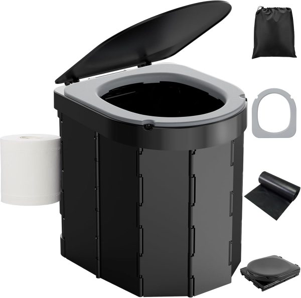 Portable Camping Toilet with  Cushion, Folding Porta Potty for Adults with Lid and Toilet Paper Holder, Waterproof Camping Toilet with Lid for Camping, Hiking, RV Travel, Road Trips