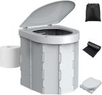 Portable Camping Toilet, Folding Toilet for Adults with Lid and Retractable Toilet Paper Holder, Waterproof Porta Potty with Carry Bag and Disposible Liners for Hiking, RV Travel, Road Trips, Gray