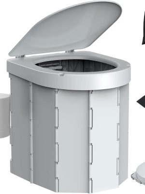 Portable Camping Toilet, Folding Toilet for Adults with Lid and Retractable Toilet Paper Holder, Waterproof Porta Potty with Carry Bag and Disposible Liners for Hiking, RV Travel, Road Trips, Gray