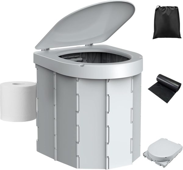 Portable Camping Toilet, Folding Toilet for Adults with Lid and Retractable Toilet Paper Holder, Waterproof Porta Potty with Carry Bag and Disposible Liners for Hiking, RV Travel, Road Trips, Gray