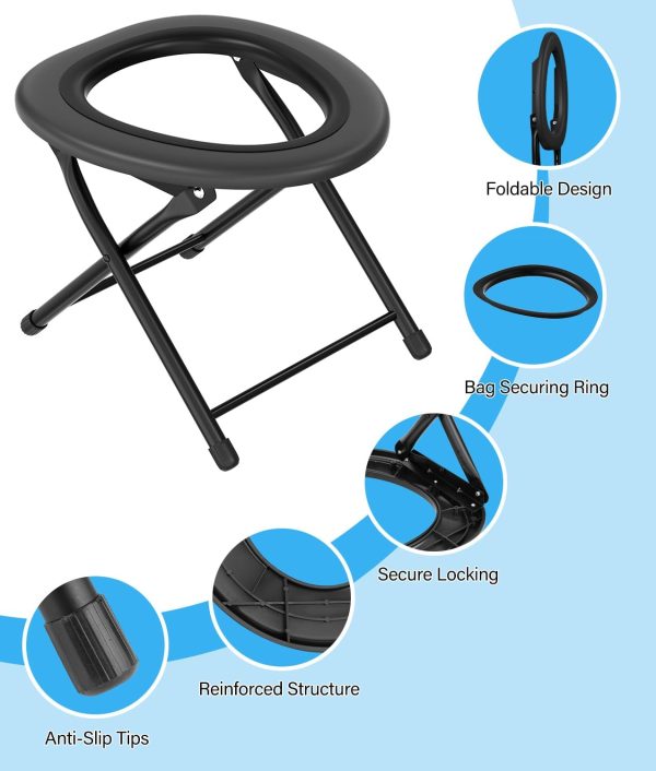 Portable Camping Toilet for Adults, Porta Potty for Camping with Removable Plastic Ring and 15 Disposable Toilet Bags, Folding Toilet for Camping, Hiking, Fishing, Road Trips, RV Travels, Emergency
