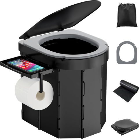 Portable Camping Toilet with  Cushion, Folding Toilet for Adults with Phone Shelf and Toilet Paper Holder, Camping Porta Potty with Lid for Camping, Hiking, RV Travel, Road Trips