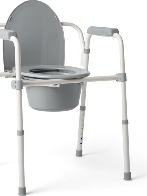 3-in-1 Steel Bedside Commode, Standard Seat, Sturdy Folding Frame, 7.5 QT. Bucket, 350 lb. Weight Capacity, Clip-on Seat, Easy Cleaning, Tool-Free Assembly, Gray