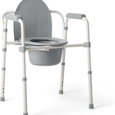 3-in-1 Steel Bedside Commode, Standard Seat, Sturdy Folding Frame, 7.5 QT. Bucket, 350 lb. Weight Capacity, Clip-on Seat, Easy Cleaning, Tool-Free Assembly, Gray