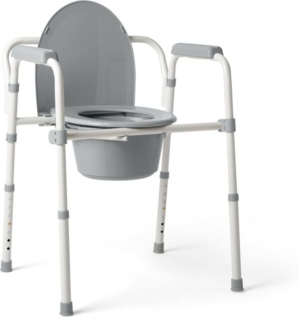 3-in-1 Steel Bedside Commode, Standard Seat, Sturdy Folding Frame, 7.5 QT. Bucket, 350 lb. Weight Capacity, Clip-on Seat, Easy Cleaning, Tool-Free Assembly, Gray