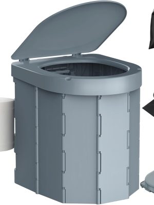 Portable Camping Toilet, Folding Toilet for Adults with Lid and Retractable Toilet Paper Holder, Waterproof Porta Potty with Carry Bag and Disposible Liners for Hiking, RV Travel, Road Trips，Dark Gray