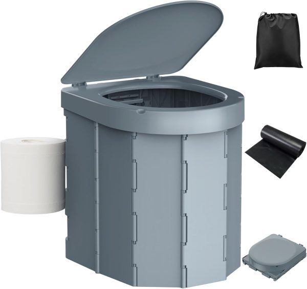 Portable Camping Toilet, Folding Toilet for Adults with Lid and Retractable Toilet Paper Holder, Waterproof Porta Potty with Carry Bag and Disposible Liners for Hiking, RV Travel, Road Trips，Dark Gray