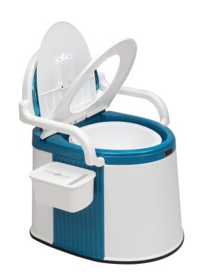 Portable Toilet | Back & Handrail Design Commode with 5 Gallon Bucket Inner, Camping RV Toilet for Adult, Kids, Home, Boat, Van, Travel, Plastic, Blue & white