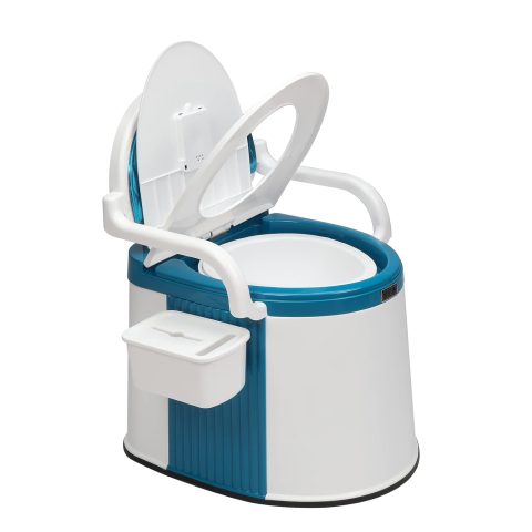 Portable Toilet | Back & Handrail Design Commode with 5 Gallon Bucket Inner, Camping RV Toilet for Adult, Kids, Home, Boat, Van, Travel, Plastic, Blue & white