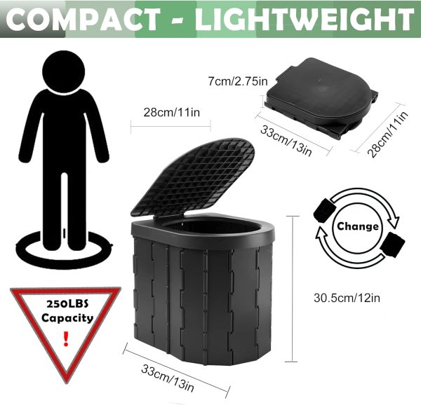 Camping Toilet, Portable Toilet for Adults & Kids, Foldable Potty & Outdoor Emergency Sanitation Products, Trash Can, Stool for Car Truck Camping Travel Hiking Fishing Long Trips (Deep Black)