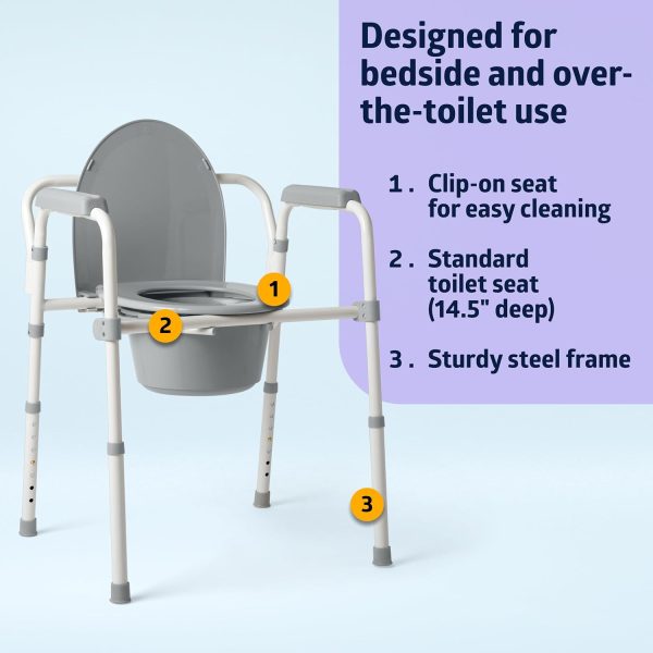 3-in-1 Steel Bedside Commode, Standard Seat, Sturdy Folding Frame, 7.5 QT. Bucket, 350 lb. Weight Capacity, Clip-on Seat, Easy Cleaning, Tool-Free Assembly, Gray