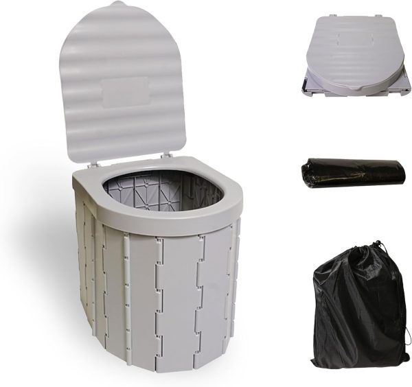 Portable Toilet for Adults，Extra Large Camping Toilets Portable with Lid, Folding Portable Toilet for Camping, Portable Potty for Adults with Trash Bag, Foldable Outdoor Toilet, Gray