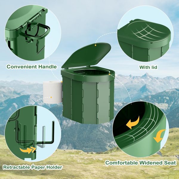 Portable Camping Toilet, Folding Toilet for Adults with Lid and Retractable Toilet Paper Holder, Waterproof Porta Potty with Carry Bag and Disposible Liners for Hiking, RV Travel, Road Trips, Green