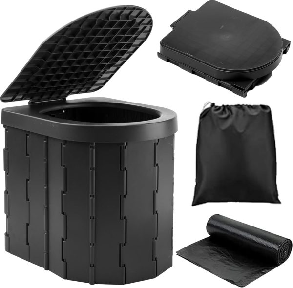 Camping Toilet, Portable Toilet for Adults & Kids, Foldable Potty & Outdoor Emergency Sanitation Products, Trash Can, Stool for Car Truck Camping Travel Hiking Fishing Long Trips (Deep Black)