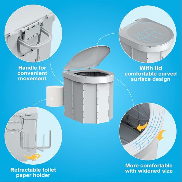 Portable Camping Toilet, Folding Toilet for Adults with Lid and Retractable Toilet Paper Holder, Waterproof Porta Potty with Carry Bag and Disposible Liners for Hiking, RV Travel, Road Trips, Gray