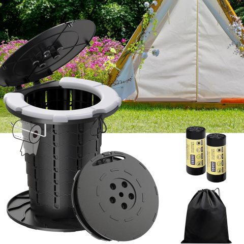 Upgraded Retractable Portable Toilet with  Cushion, Adjustable Height Foldable Camping Toilet Travel Toilet, 300LBS Soft Seat Portable Potty with Paper Holder, Folding Toilet for Camping/Car