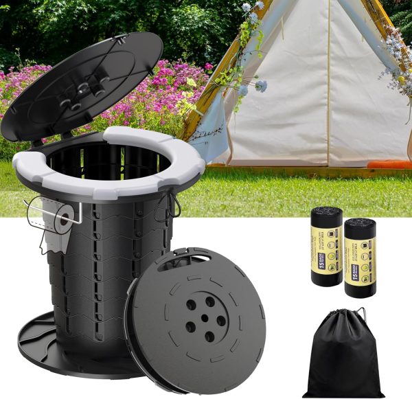 Upgraded Retractable Portable Toilet with  Cushion, Adjustable Height Foldable Camping Toilet Travel Toilet, 300LBS Soft Seat Portable Potty with Paper Holder, Folding Toilet for Camping/Car