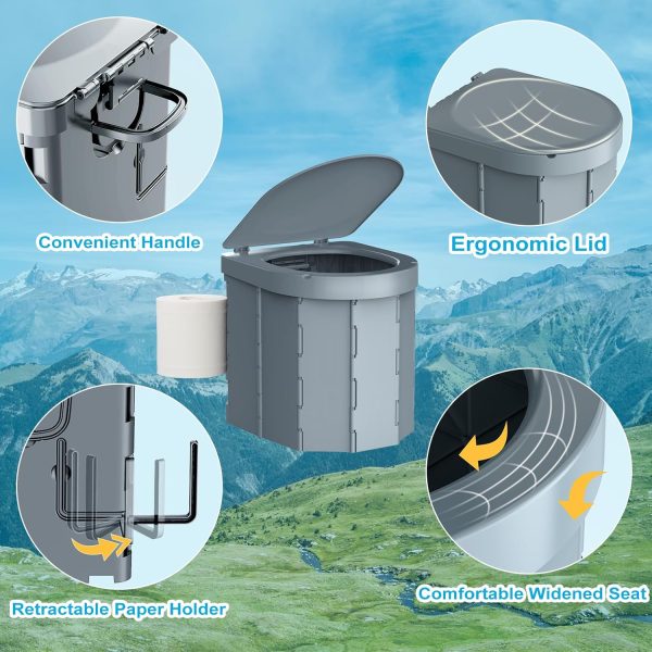 Portable Camping Toilet, Folding Toilet for Adults with Lid and Retractable Toilet Paper Holder, Waterproof Porta Potty with Carry Bag and Disposible Liners for Hiking, RV Travel, Road Trips，Dark Gray